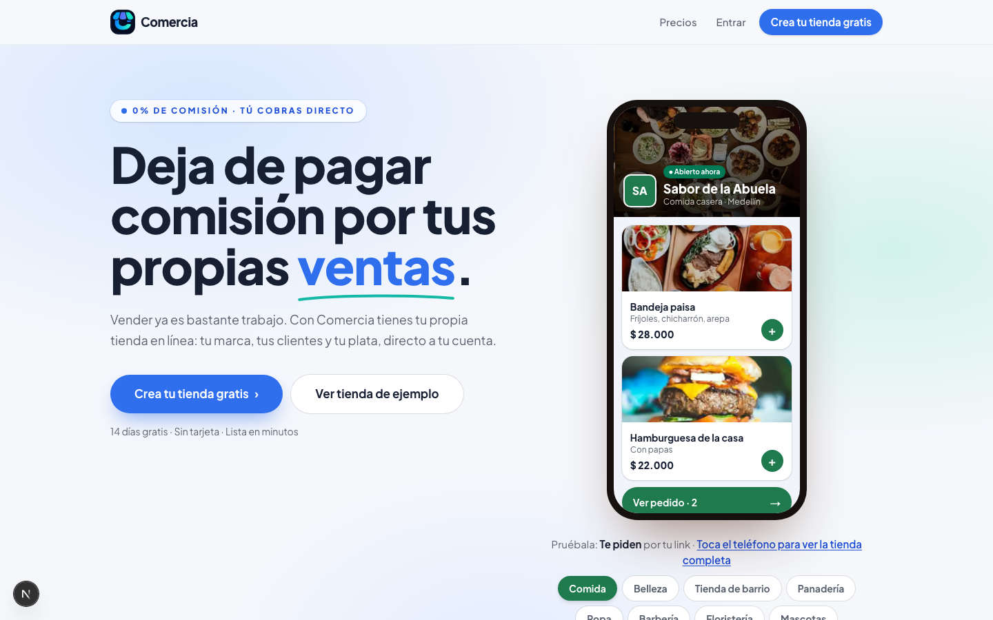 Landing de Comercia con el mensaje 0% de comisión y una tienda de ejemplo en el celular
